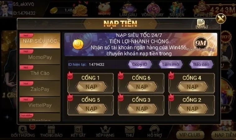 Giao diện Nạp Tiền WIN456