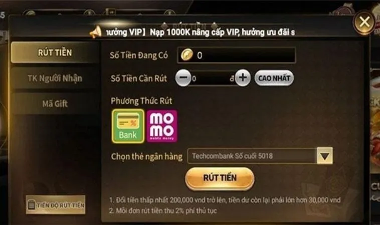 Giao diện Rút Tiền WIN456